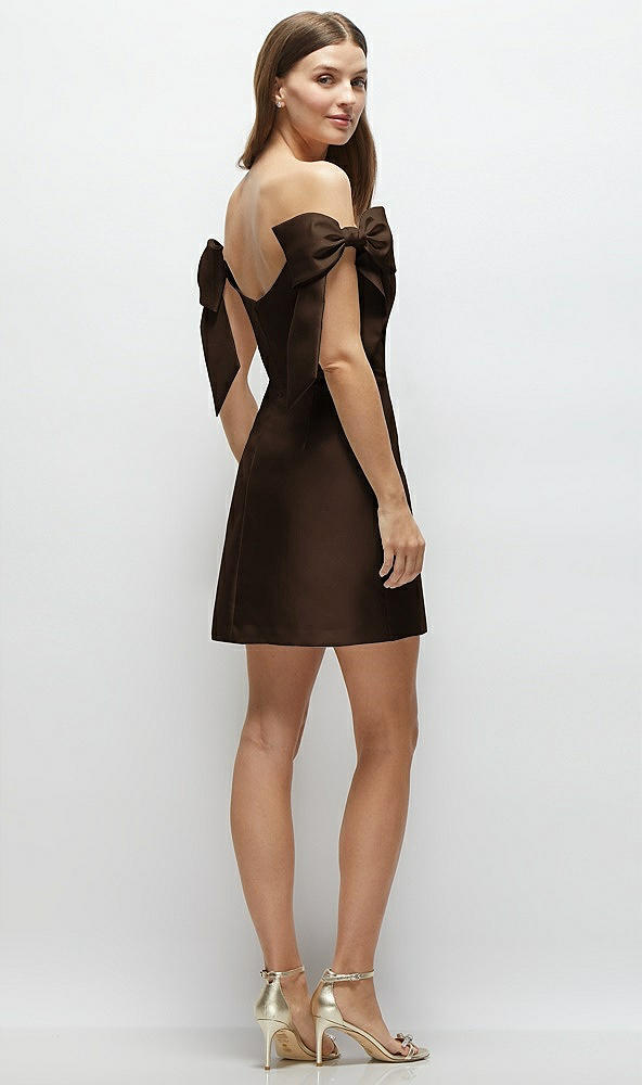 Back View - Espresso Satin Off-the-Shoulder Bow Corset Fit and Flare Mini Dress