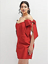 Alt View 1 Thumbnail - Poppy Red Satin Off-the-Shoulder Bow Corset Fit and Flare Mini Dress