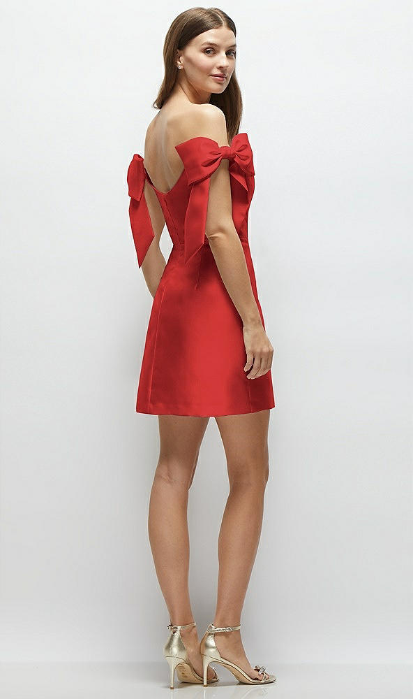 Back View - Poppy Red Satin Off-the-Shoulder Bow Corset Fit and Flare Mini Dress