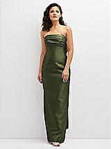 Front View Thumbnail - Olive Green Strapless Draped Bodice Column Dress with Oversized Bow