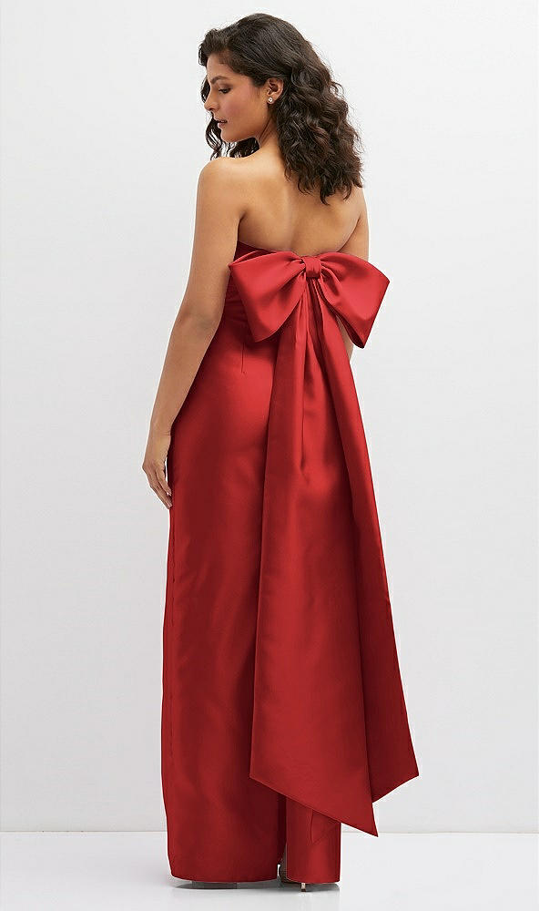 Back View - Poppy Red Strapless Draped Bodice Column Dress with Oversized Bow
