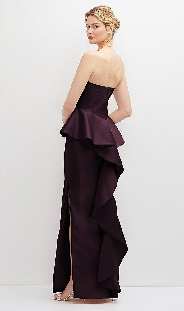 Back View - Deep Plum Strapless Satin Maxi Dress with Cascade Ruffle Peplum Detail