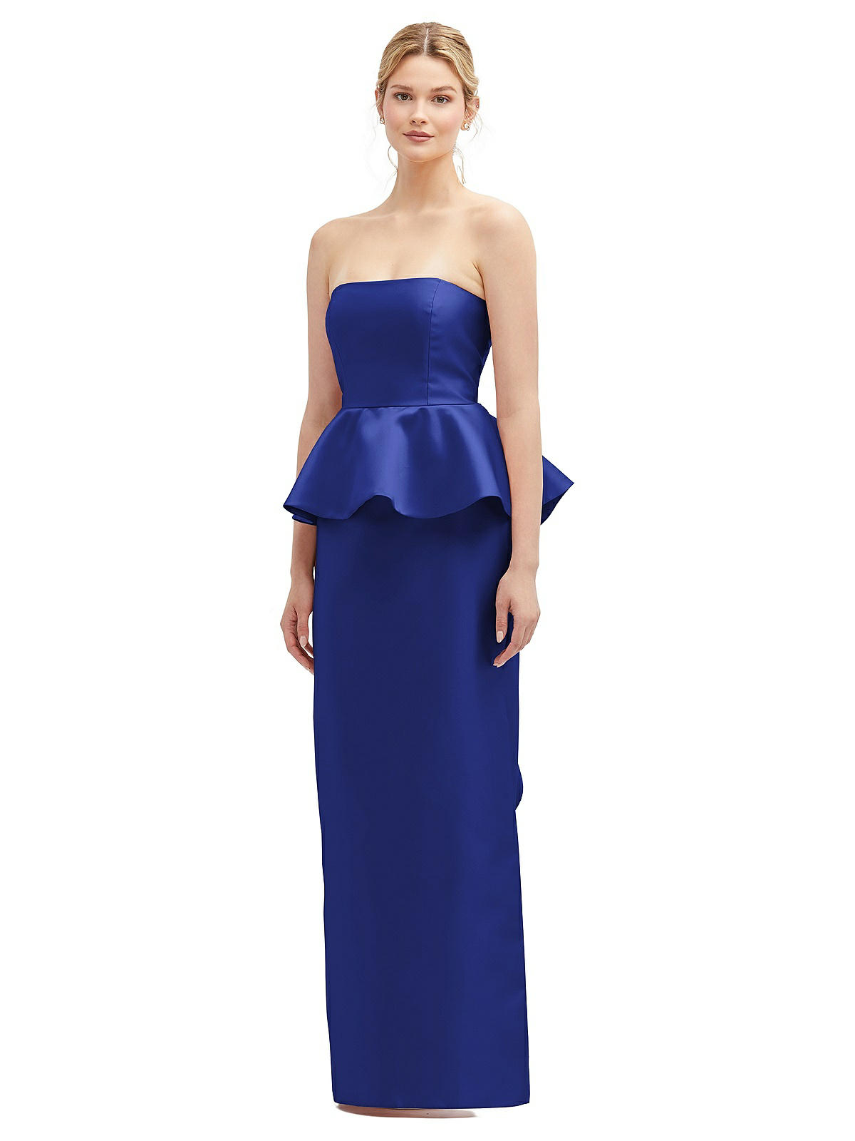 Strapless Satin Maxi Bridesmaid Dress With Cascade Ruffle Peplum