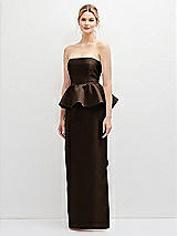 Front View Thumbnail - Espresso Strapless Satin Maxi Dress with Cascade Ruffle Peplum Detail