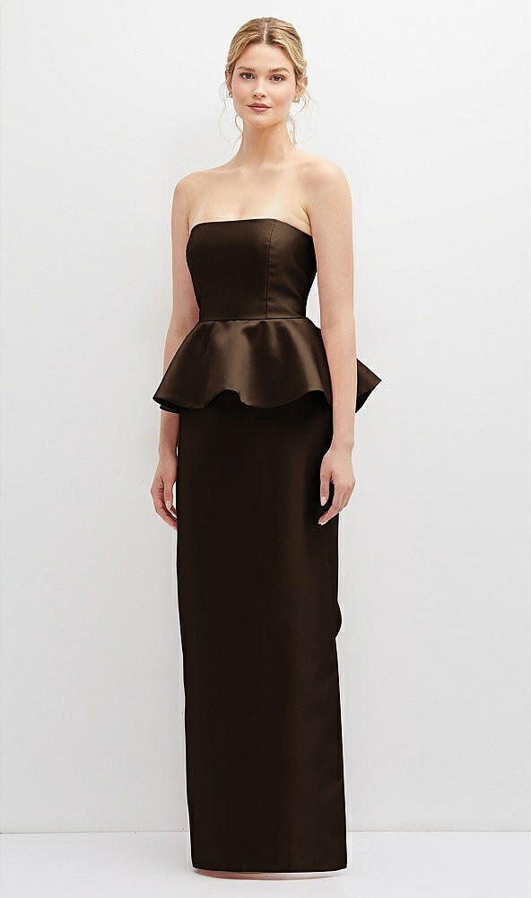 Front View - Espresso Strapless Satin Maxi Dress with Cascade Ruffle Peplum Detail