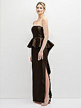 Side View Thumbnail - Espresso Strapless Satin Maxi Dress with Cascade Ruffle Peplum Detail