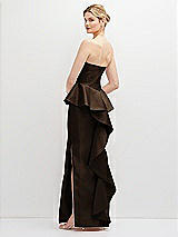 Rear View Thumbnail - Espresso Strapless Satin Maxi Dress with Cascade Ruffle Peplum Detail