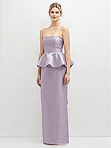 Front View Thumbnail - Lilac Haze Strapless Satin Maxi Dress with Cascade Ruffle Peplum Detail
