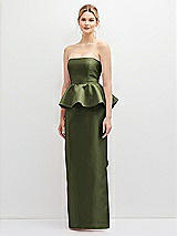 Front View Thumbnail - Olive Green Strapless Satin Maxi Dress with Cascade Ruffle Peplum Detail