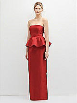 Front View Thumbnail - Poppy Red Strapless Satin Maxi Dress with Cascade Ruffle Peplum Detail