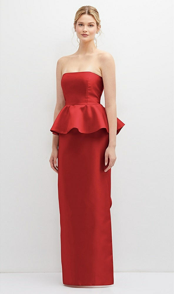 Front View - Poppy Red Strapless Satin Maxi Dress with Cascade Ruffle Peplum Detail