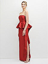 Side View Thumbnail - Poppy Red Strapless Satin Maxi Dress with Cascade Ruffle Peplum Detail