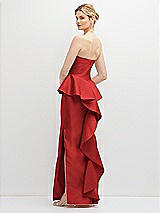 Rear View Thumbnail - Poppy Red Strapless Satin Maxi Dress with Cascade Ruffle Peplum Detail