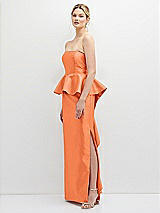 Side View Thumbnail - Portofino Orange Strapless Satin Maxi Dress with Cascade Ruffle Peplum Detail