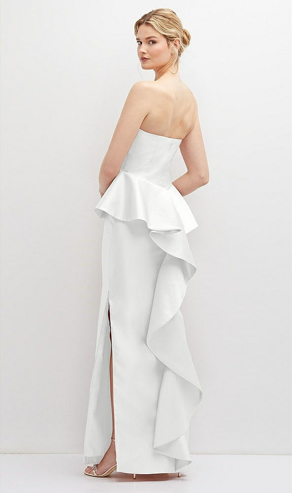 Back View - White Strapless Satin Maxi Dress with Cascade Ruffle Peplum Detail