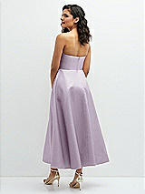 Rear View Thumbnail - Lilac Haze Draped Bodice Strapless Satin Midi Dress with Full Circle Skirt