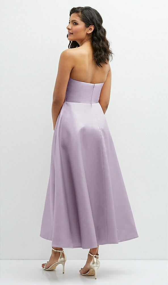 Back View - Lilac Haze Draped Bodice Strapless Satin Midi Dress with Full Circle Skirt