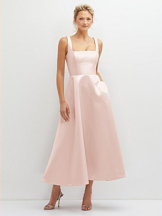 Square Neck Satin Midi Dress with Full Skirt & Pockets