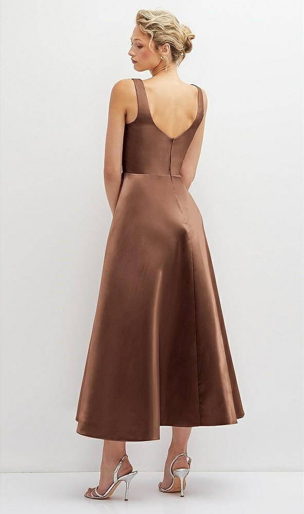 Back View - Cognac Square Neck Satin Midi Dress with Full Skirt & Pockets