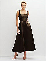 Front View Thumbnail - Espresso Square Neck Satin Midi Dress with Full Skirt & Pockets