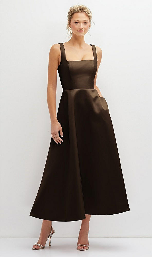 Front View - Espresso Square Neck Satin Midi Dress with Full Skirt & Pockets