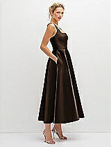 Side View Thumbnail - Espresso Square Neck Satin Midi Dress with Full Skirt & Pockets
