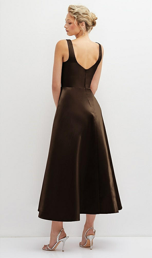 Back View - Espresso Square Neck Satin Midi Dress with Full Skirt & Pockets