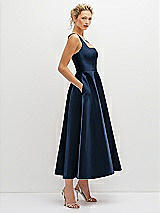 Side View Thumbnail - Midnight Navy Square Neck Satin Midi Dress with Full Skirt & Pockets