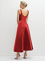 Rear View Thumbnail - Poppy Red Square Neck Satin Midi Dress with Full Skirt & Pockets