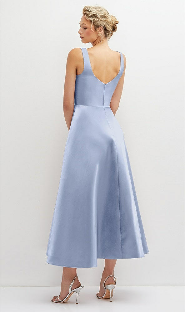Back View - Sky Blue Square Neck Satin Midi Dress with Full Skirt & Pockets
