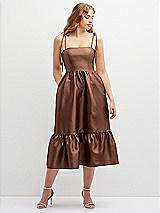 Front View Thumbnail - Cognac Shirred Ruffle Hem Midi Dress with Self-Tie Spaghetti Straps and Pockets