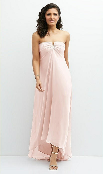 blush high low bridesmaid dress Strapless Draped Notch Neck Chiffon High-Low Dress