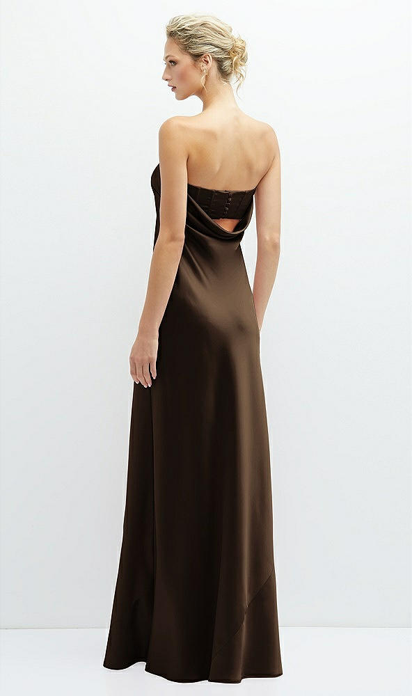 Back View - Espresso Strapless Maxi Bias Column Dress with Peek-a-Boo Corset Back