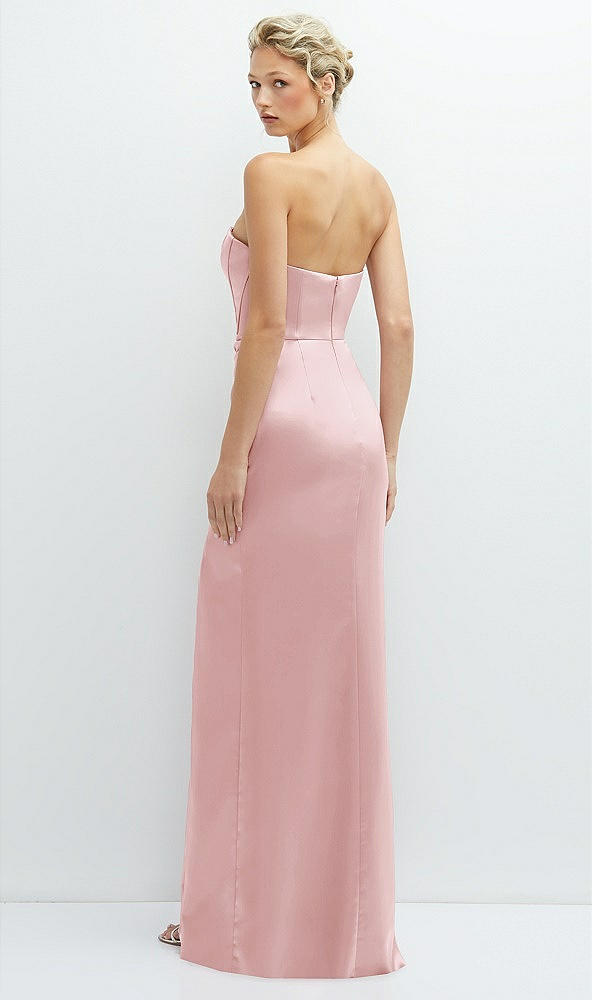 Back View - Ballet Pink Strapless Topstitched Corset Satin Maxi Dress with Draped Column Skirt