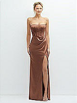 Front View Thumbnail - Cognac Strapless Topstitched Corset Satin Maxi Dress with Draped Column Skirt