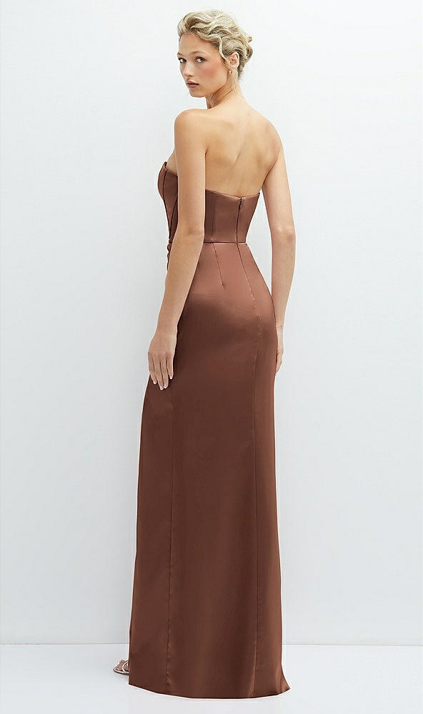Back View - Cognac Strapless Topstitched Corset Satin Maxi Dress with Draped Column Skirt