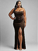Alt View 1 Thumbnail - Espresso Strapless Topstitched Corset Satin Maxi Dress with Draped Column Skirt