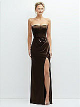 Front View Thumbnail - Espresso Strapless Topstitched Corset Satin Maxi Dress with Draped Column Skirt