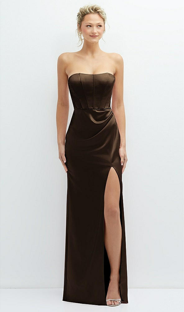 Front View - Espresso Strapless Topstitched Corset Satin Maxi Dress with Draped Column Skirt