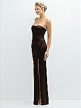 Side View Thumbnail - Espresso Strapless Topstitched Corset Satin Maxi Dress with Draped Column Skirt