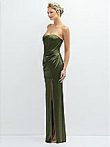 Side View Thumbnail - Olive Green Strapless Topstitched Corset Satin Maxi Dress with Draped Column Skirt