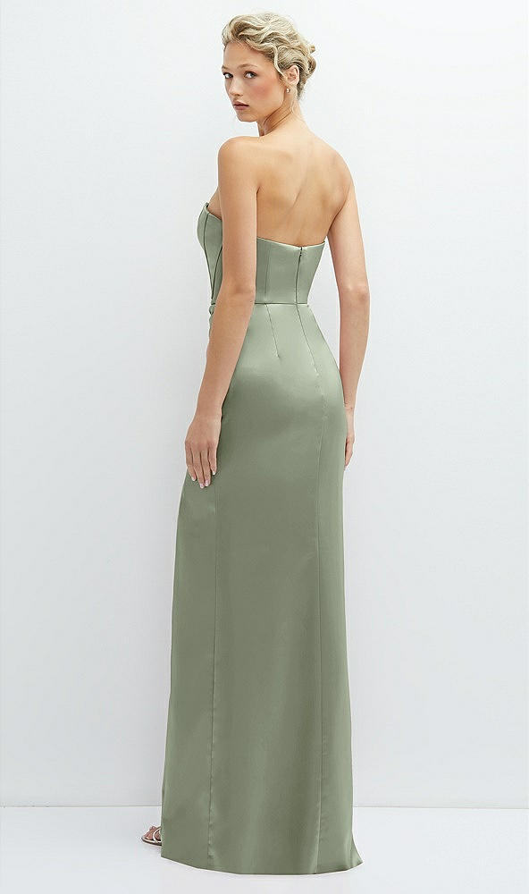 Back View - Sage Strapless Topstitched Corset Satin Maxi Dress with Draped Column Skirt