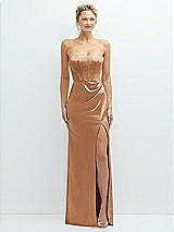 Front View Thumbnail - Toffee Strapless Topstitched Corset Satin Maxi Dress with Draped Column Skirt