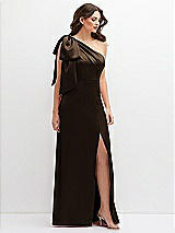 Front View Thumbnail - Espresso One-Shoulder Satin Maxi Dress with Chic Oversized Shoulder Bow