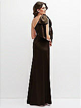 Rear View Thumbnail - Espresso One-Shoulder Satin Maxi Dress with Chic Oversized Shoulder Bow