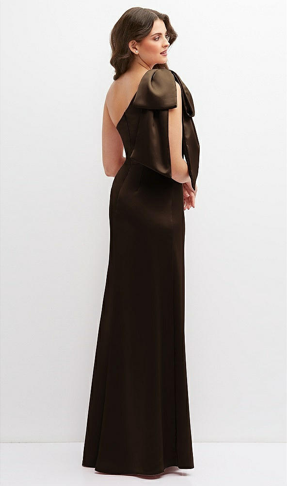 Back View - Espresso One-Shoulder Satin Maxi Dress with Chic Oversized Shoulder Bow