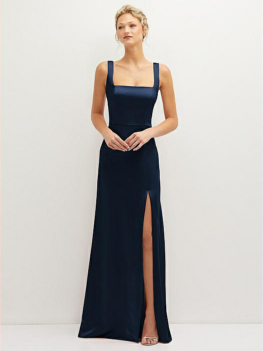 Square-Neck Satin A-line Maxi Dress with Front Slit