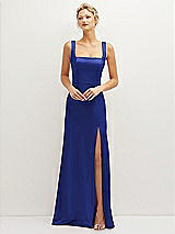 Front View Thumbnail - Cobalt Blue Square-Neck Satin A-line Maxi Dress with Front Slit