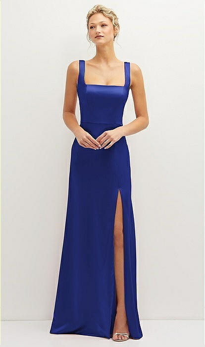 Square-neck Satin A-line Maxi Bridesmaid Dress With Front Slit In Cobalt  Blue