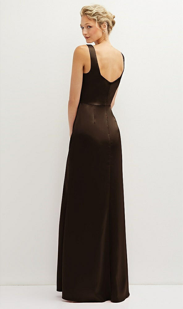 Back View - Espresso Square-Neck Satin A-line Maxi Dress with Front Slit